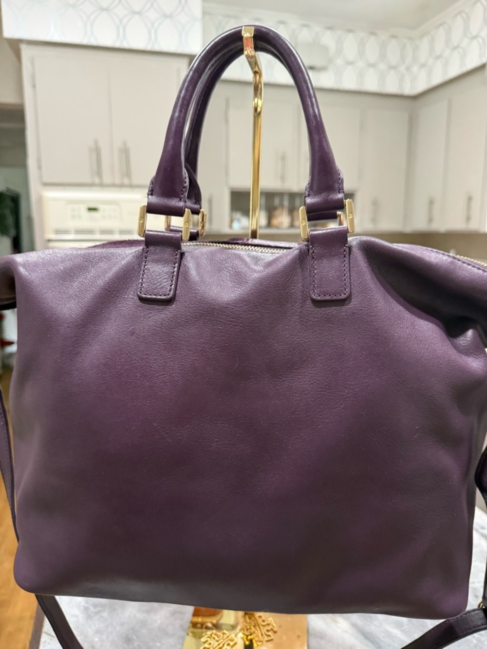 Tory Burch Natalie Satchel. 14”x 5 1/2 x 11 1/2”. Pristine Condition. Wine Color - Picture 2 of 11